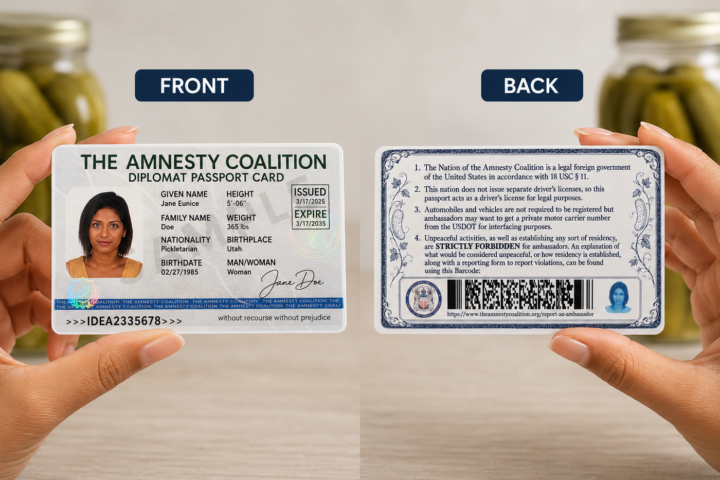 Sample Amnesty Coalition diplomat passport card