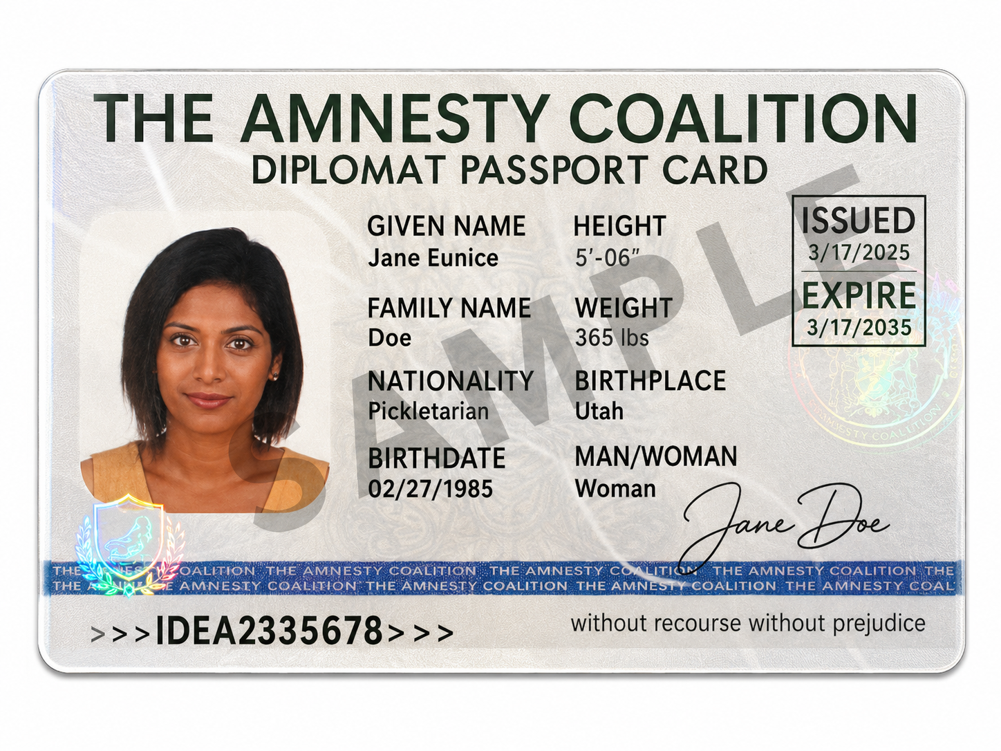Nation of The Amnesty Coalition Diplomat Passport Card